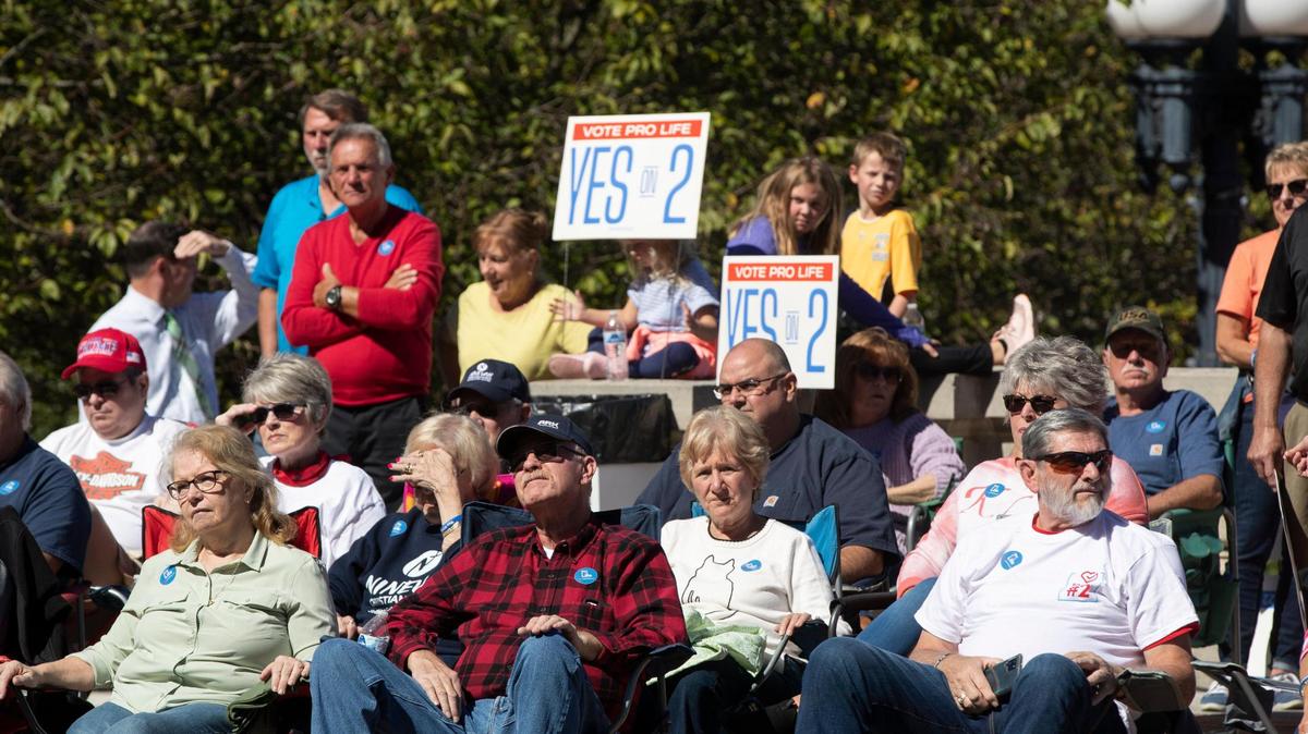 People gather to listen to Addia Wuchner and other speakers during a Yes for Life rally at the State Capitol in Frankfort, Ky., Saturday, October 1, 2022. A counter rally took place at the same time from Protect KY Access.