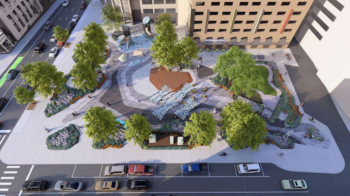 Crews will begin work on the $4.6 million redesign of Phoenix Park at the corner of Main and Limestone streets in downtown Lexington. This illustrations shows what the park will look like when finished.