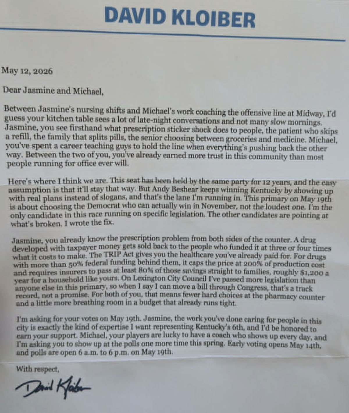 A letter from Kentucky 6th Congressional District Democratic candidate David Kloiber to Mike McKinley’s household.
