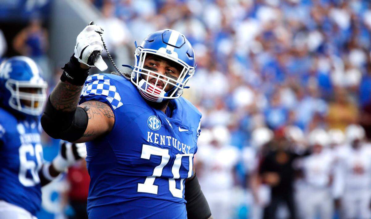 Kentucky right tackle Darian Kinnard had the key block on the 9-yard touchdown run by Christopher Rodriguez that ended up being the winning margin in UK’s 20-13 upset of then-No. 10 Florida last week.