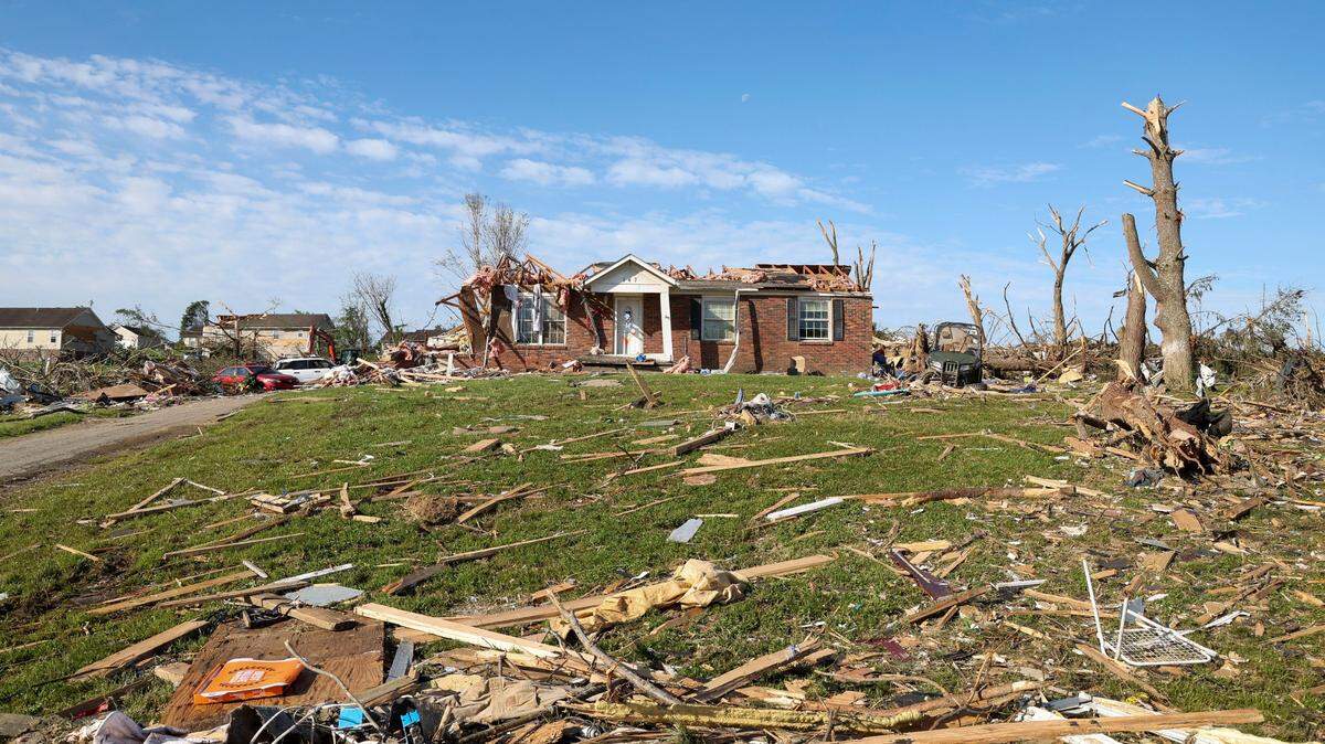 A destroyed Sunshine Hills neighborhood home, Sunday, May 18, 2025 in London, Ky. Two days earlier, a deadly tornado ripped through the neighborhood destroying homes.
