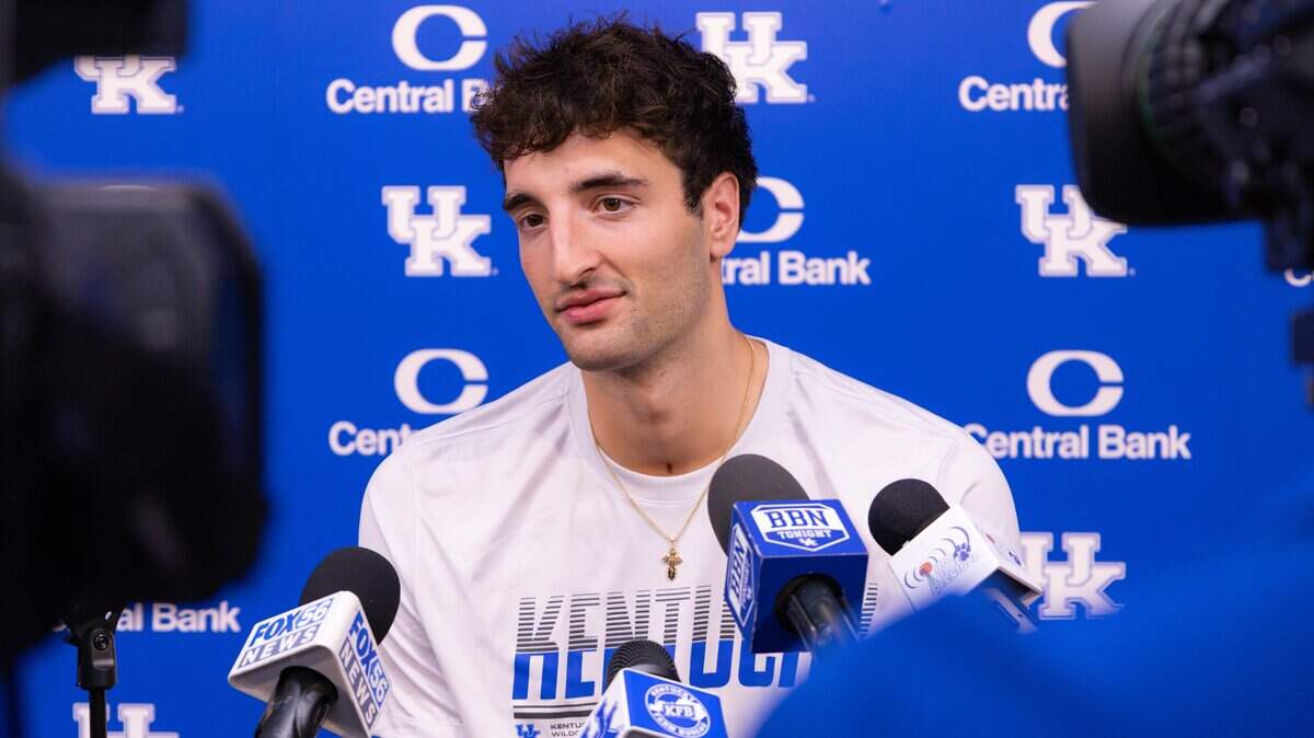 UK forward Milan Momcilovic answers reporters' questions during media availability held at Memorial Coliseum in Lexington, Ky, on July 2, 2026.