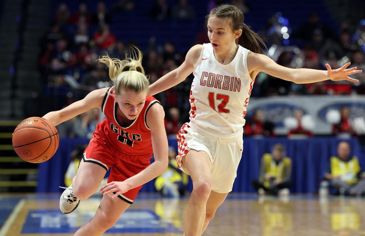 Clark County seventh-grader Kennedy Stamper, left, contributed 10 points and 10 rebounds to the Cardinals’ victory over Corbin in the Sweet 16 on Thursday night.