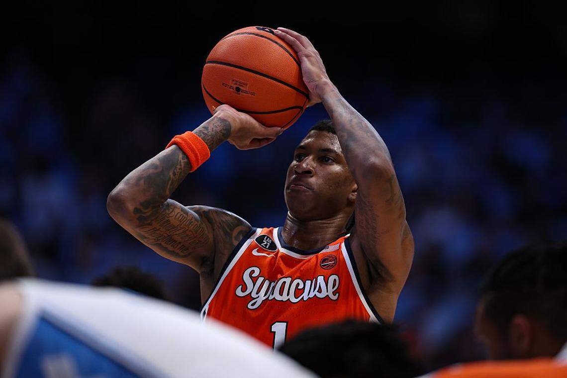 CHAPEL HILL, NORTH CAROLINA - FEBRUARY 02: Donnie Freeman #1 of the Syracuse Orange shoots a free throw during the first half of a basketball game against the North Carolina Tar Heels at Dean E. Smith Center on February 02, 2026 in Chapel Hill, North Carolina. (Photo by David Jensen/Getty Images)
