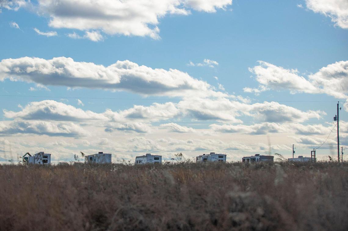 Trailers provided by the state for victims of last summer’s flooding in Eastern Kentucky are setup at at Mine Made Adventure Park in Leburn, Ky.