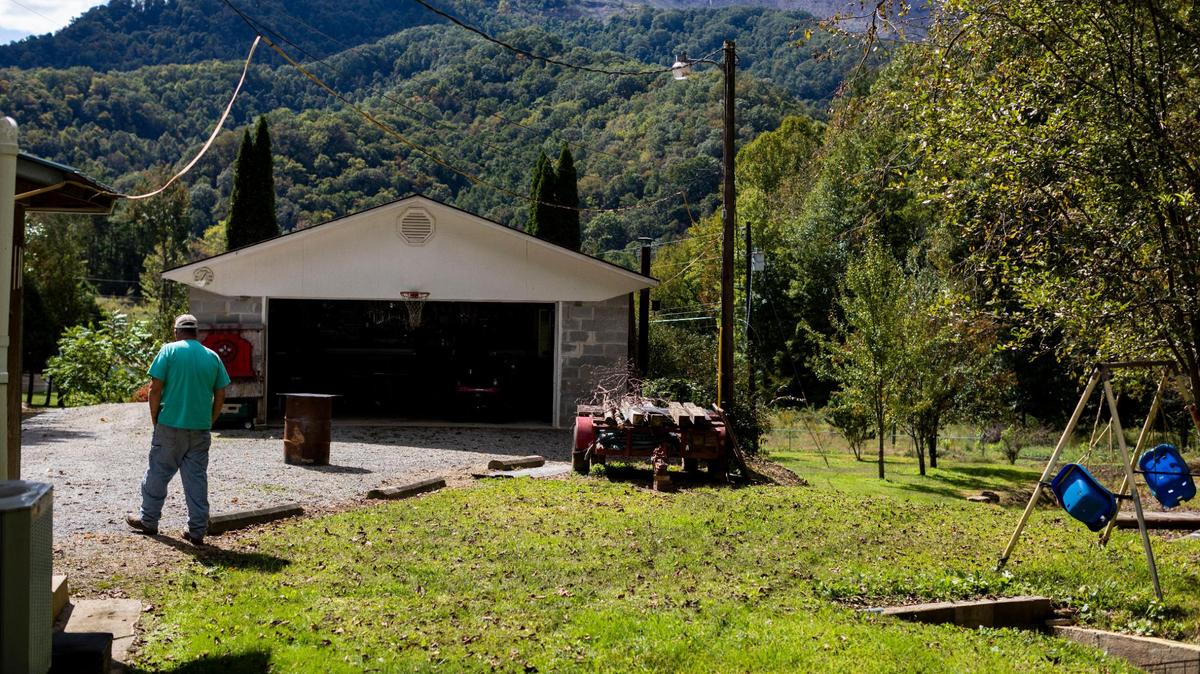 A Blackjewel strip-mine can be seen across from Elvis Sowders’ property in Wallins Creek, Harlan County, Ky., Friday, October 2, 2020. He believes the foundation of his house and sheds have been damaged due to sonic waves from the blasting at the mine that traveled up the holler. Sowders said that many of his neighbors have cracks and damage with their property as well, but the mine company has denied the damage was caused by the blasting.