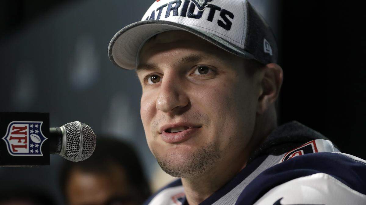 New England Patriots tight end Rob Gronkowski, answering questions during a Super Bowl news conference on Feb. 1, was the inspiration for a Kentucky Derby contender carrying his surname. He has since purchased part of the horse who is a Kentucky-bred, but racing in from Europe.