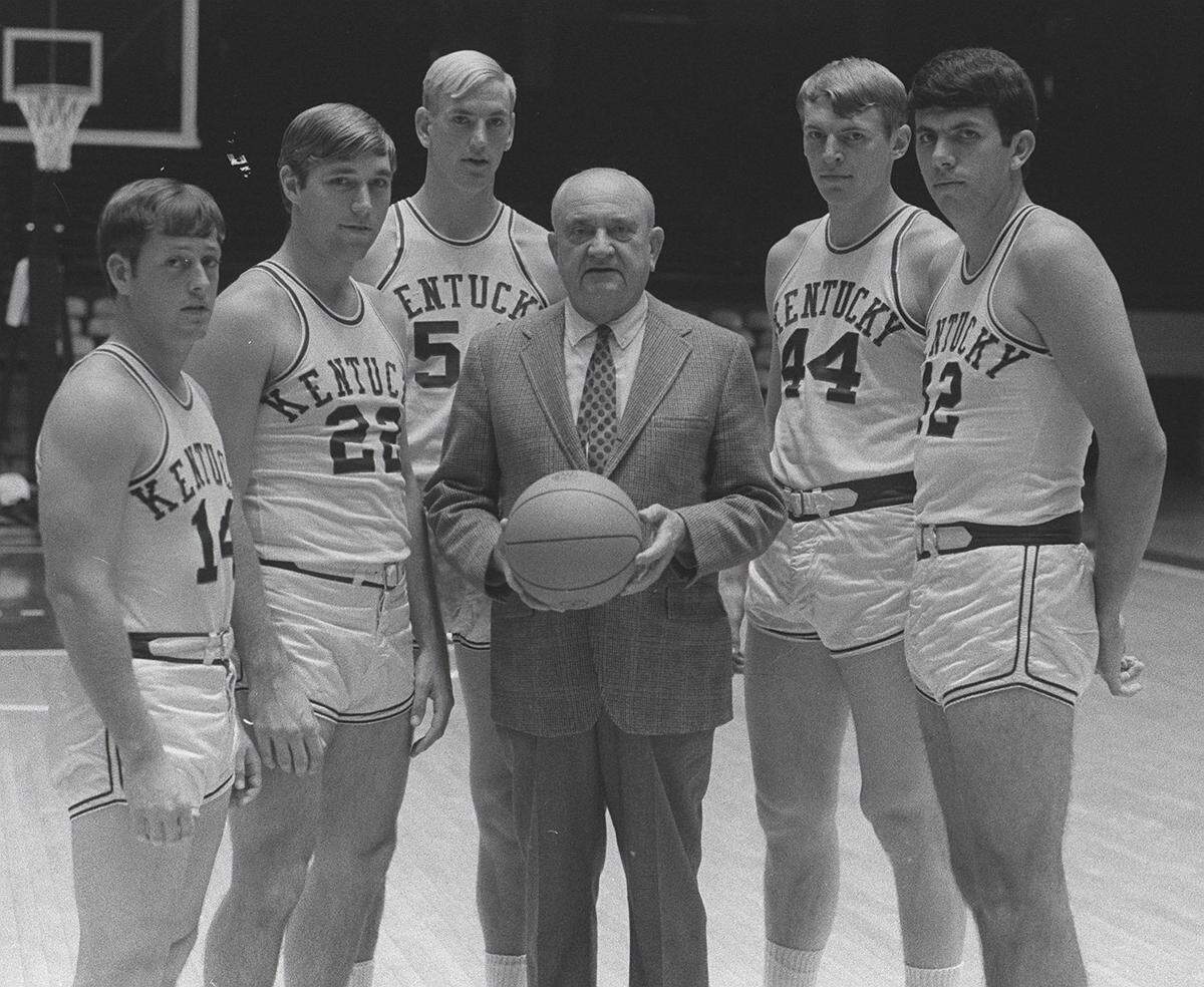 UK Coach Adolph Rupp, center, posed for a picture with his seniors before the 1969-70 season. Players from left to right were: Bill Busey, Mike Pratt, Art Laib, Dan Issel and Randy Pool.