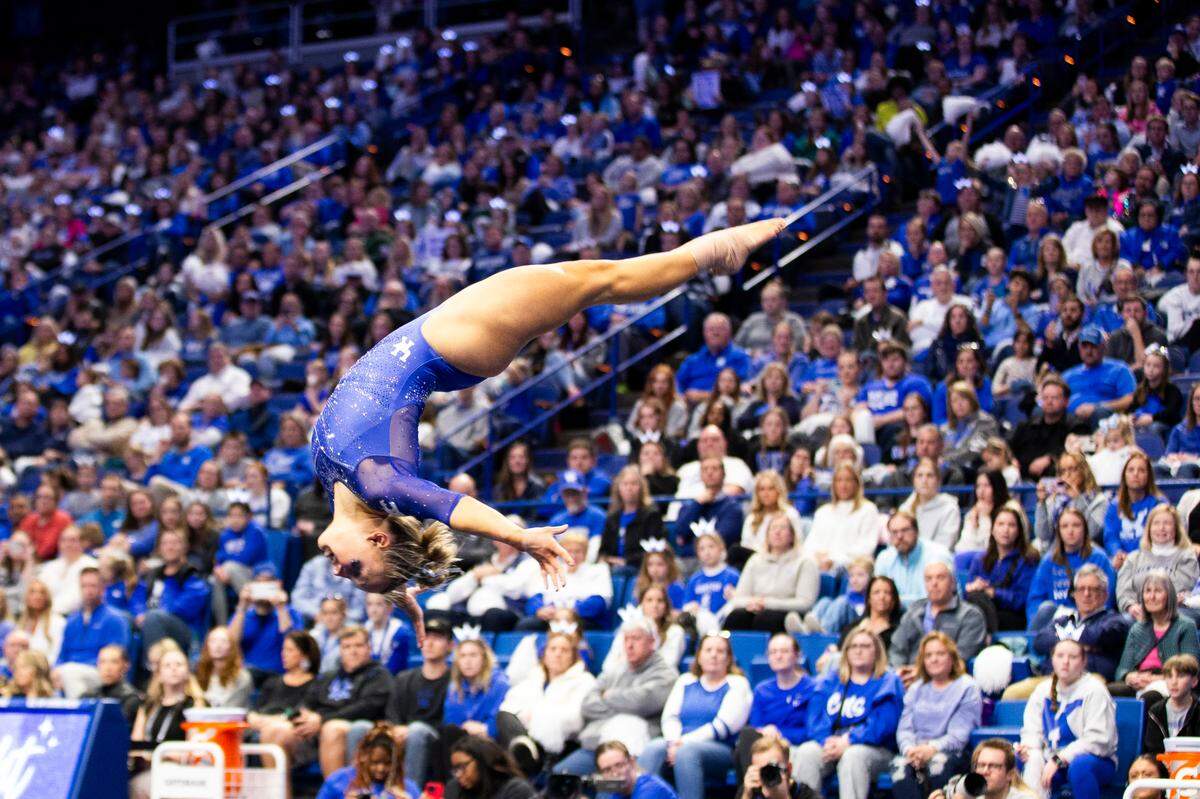 Raena Worley’s floor routine earned one of two perfect-10 scores during Kentucky’s Excite Night victory against Georgia at Rupp Arena on Friday night. UK’s total score (197.950) was a school record.