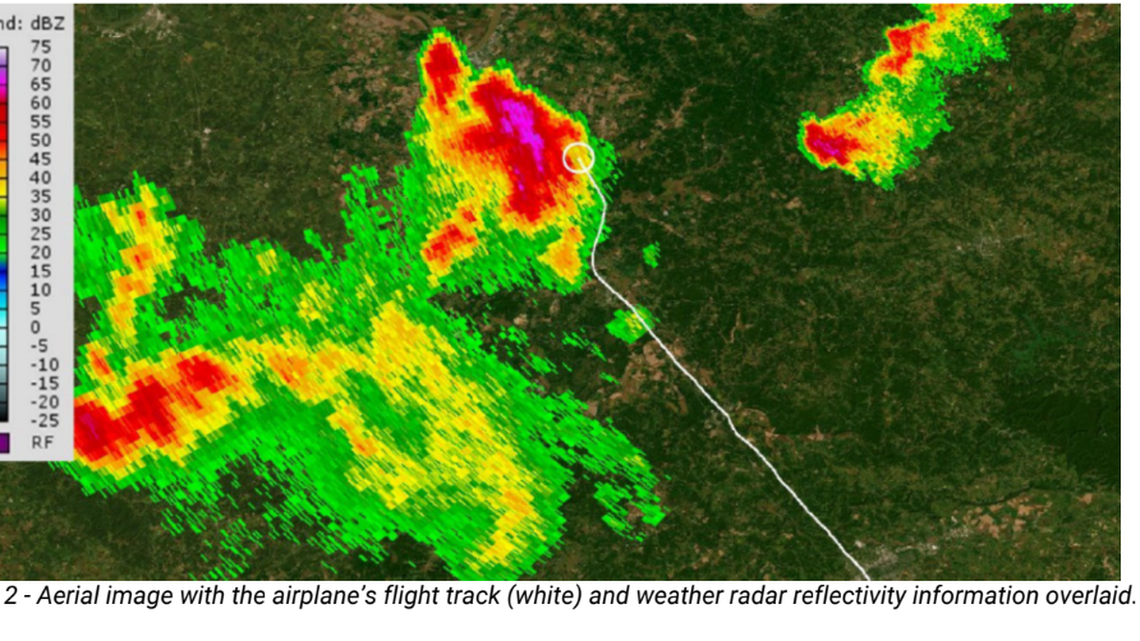 The NTSB released this image showing weather radar data overlaid with the flight path of a plane that crashed near Whitesville, Ky., in September 2023, killing the flight instructor and student pilot on board.