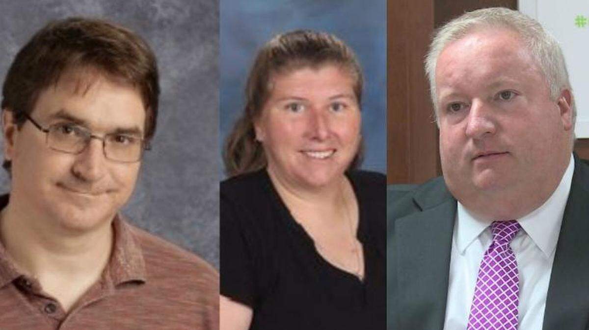 From left, former Franklin County teacher Todd Smith, Bondurant Middle School Principal Whitney Allison and Franklin County Superintendent Mark Kopp