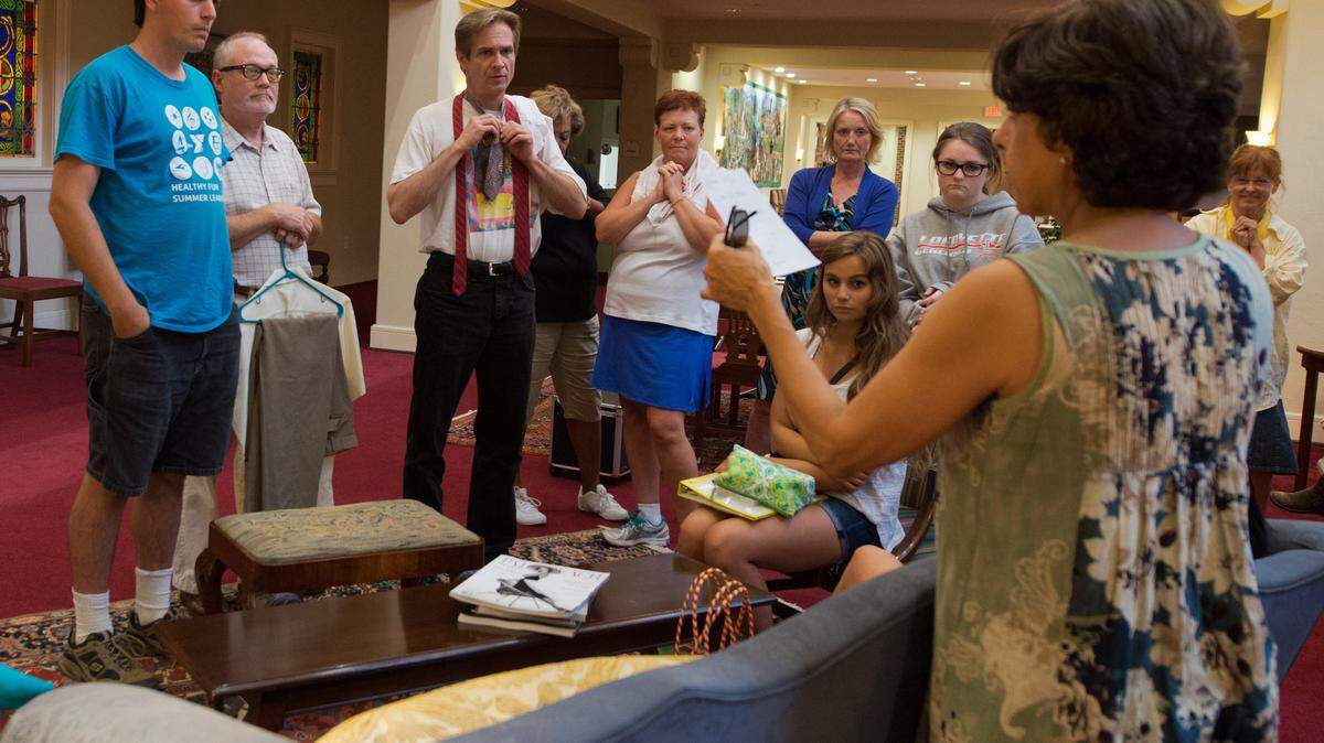 The cast receives direction from director Ave Lawyer prior to rehearsal of Much Ado: an immersive adaptation of William Shakespeare's Much Ado About Nothing will be running September 9, 10, 12, 13, 14, 22, 23, 24, 26, 27, 28, 29, and 30 at Central Christian Church in Lexington, KY. For reservations please visit Ontheverge.org. Photos by Katie Decker.