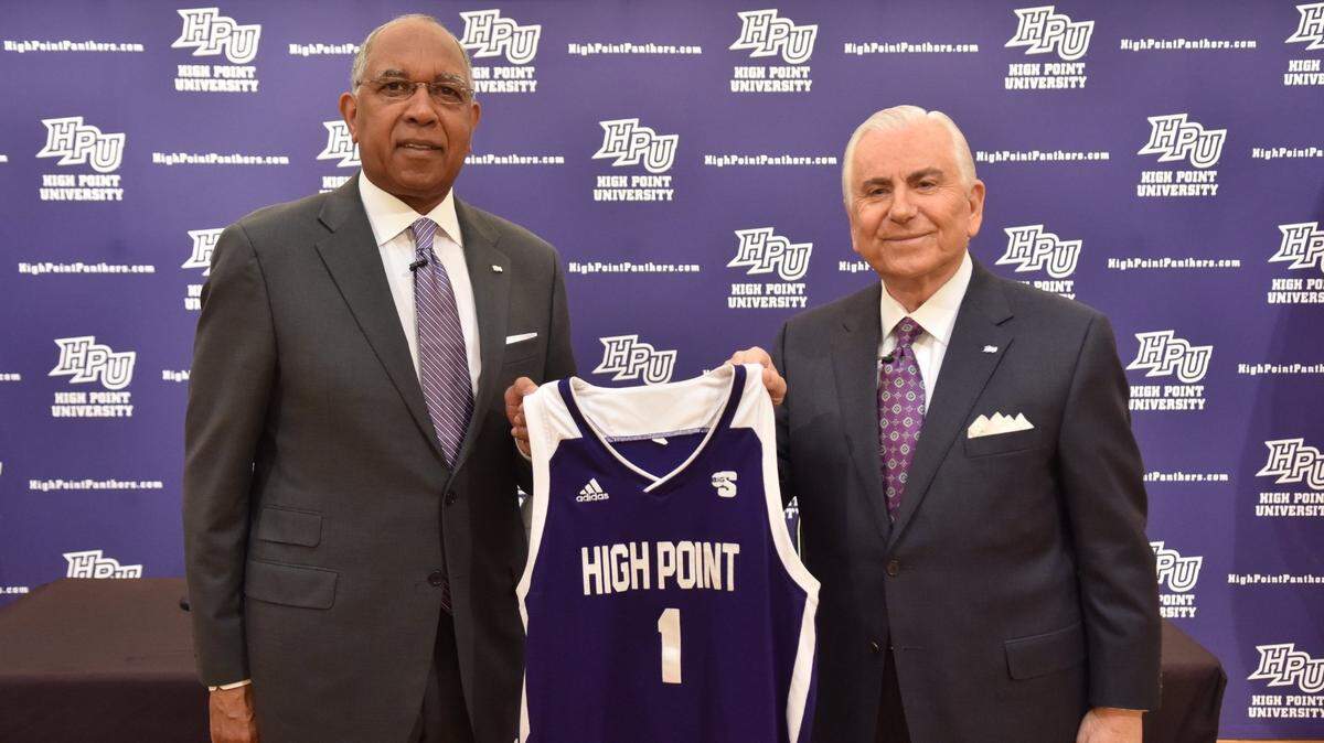 High Point Coach Tubby Smith, left, who coached Kentucky to the 1998 NCAA title and to five SEC regular-season championships and five SEC Tournament titles, will have a jersey retired by UK in Rupp Arena on Friday.