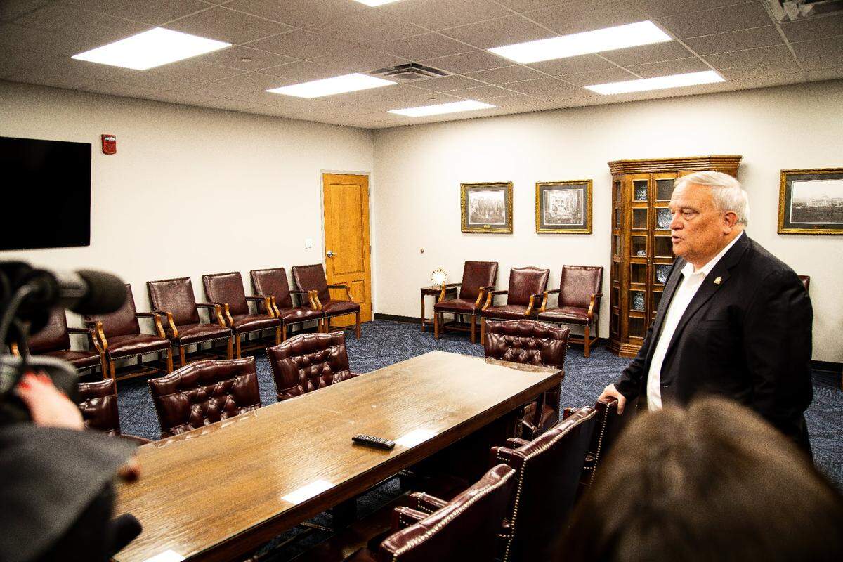 Senate President Robert Stivers (R-Manchester) provides a guided tour of the Senate’s temporary chambers in the Capital Annex on June 25, 2025, in Frankfort, Ky.