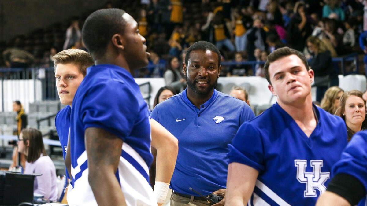 Former University of Kentucky cheer coach Jomo Thompson is seen during a 2019 cheer exhibition at Memorial Coliseum.