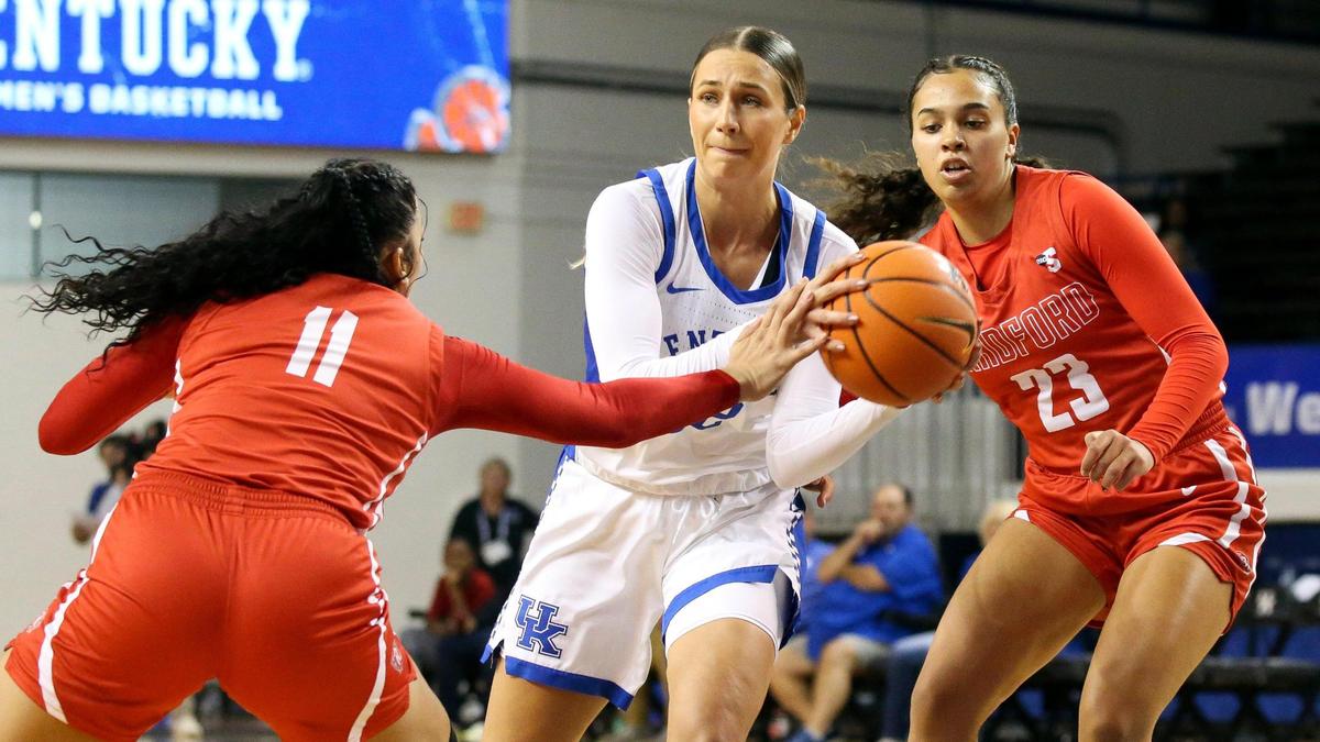 Kentucky guard Maddie Scherr, center, looks to pass during a game against Radford at Memorial Coliseum on Nov. 7. Scherr is one of 10 new players on the Kentucky roster this season.