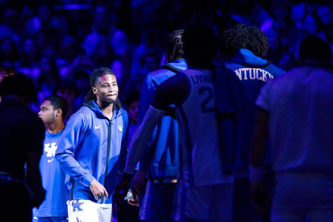 Kentucky Wildcats guard Cason Wallace (22) is introduced as a starter before facing the Howard Bison during the game at Rupp Arena in Lexington, Ky., Monday, November 7, 2022.