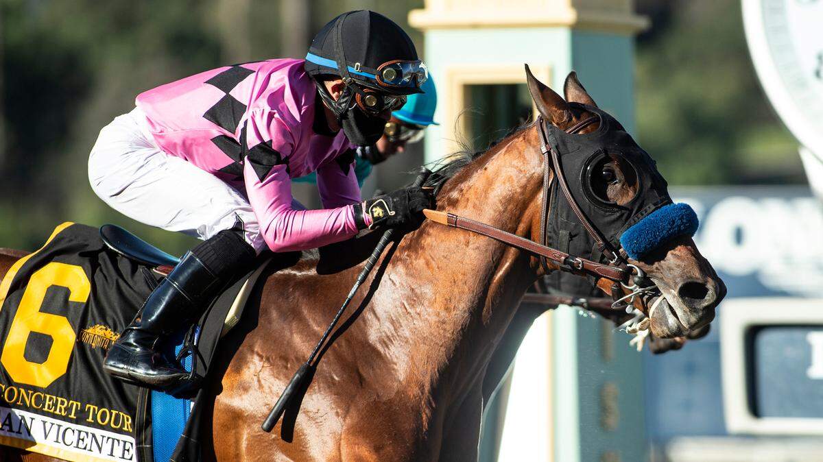 Concert Tour and jockey Joel Rosario won the San Vicente Stakes at Santa Anita Park, in Arcadia, Calif., in February.