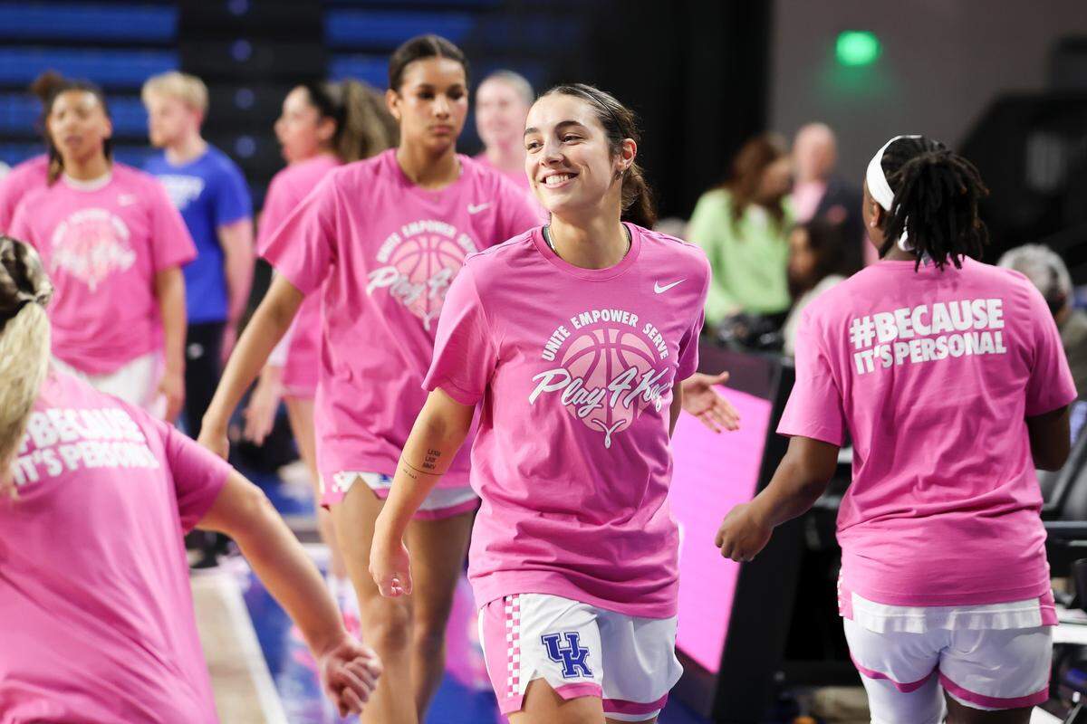 Georgia Amoore and the Kentucky Wildcats wore pink Thursday night in recognition of Play4K night in Memorial Coliseum, which raised awareness and donations for fighting breast cancer. Before the game, Chrissy Brooks, wife of UK head coach Kenny Brooks, was recognized by the crowd for having successfully completed her cancer treatments.