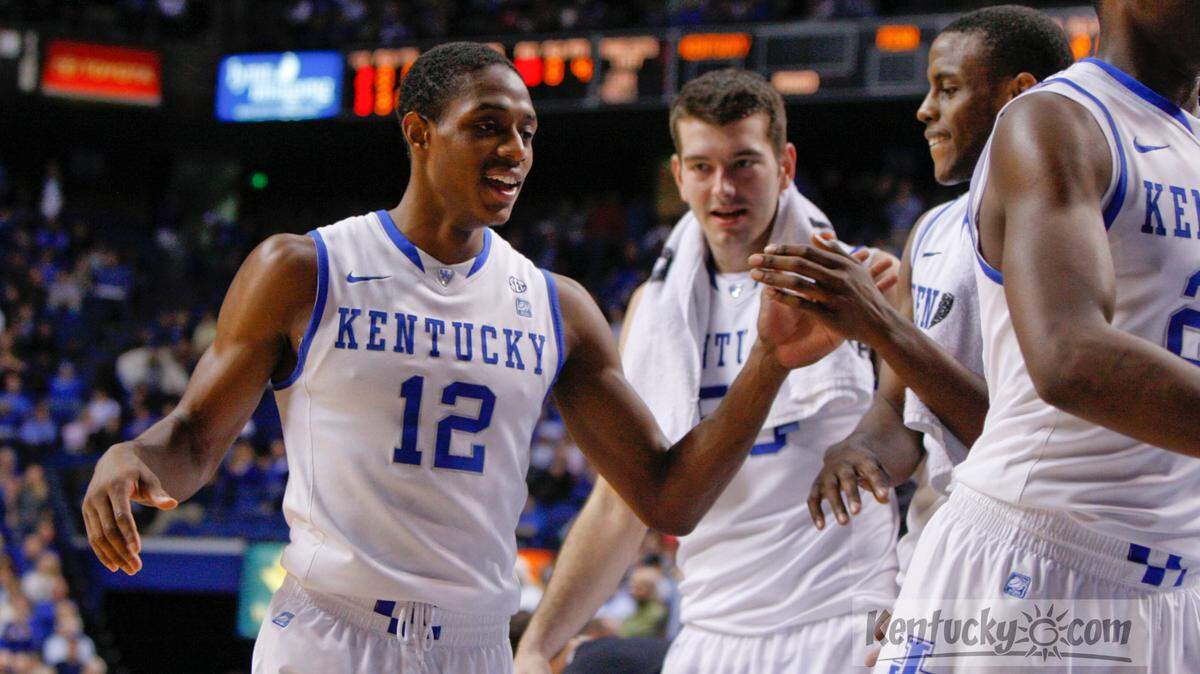 Brandon Knight shook hands with Josh Harrellson and Darius Miller after he left the game as Penn played the University of Kentucky in Rupp Arena in Lexington, Ky., Monday, January, 03, 2011. This is second half action. UK won 86-62. Charles Bertram | Staff