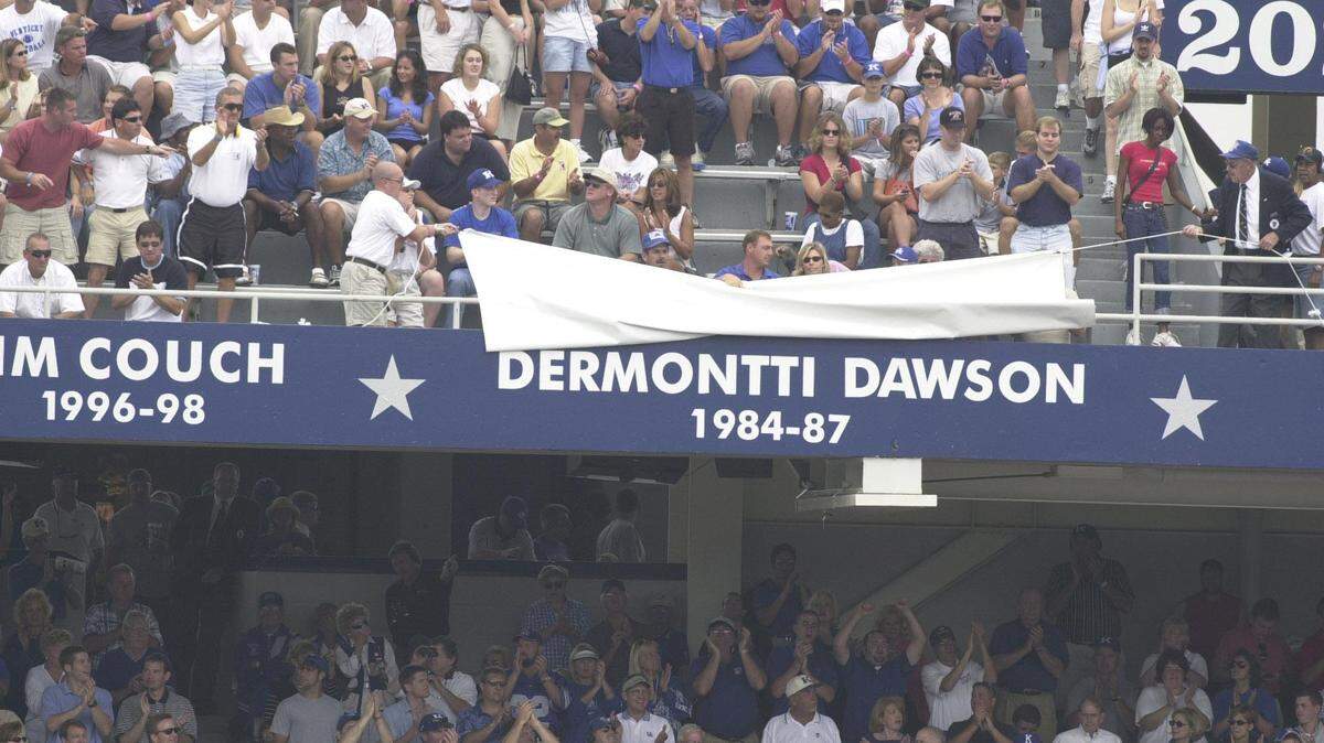 During a ceremony in 2001, the name of Kentucky great Dermontti Dawson was revealed inside Commonwealth Stadium. The former Ring of Honor is now covered by a flashy ribbon board.