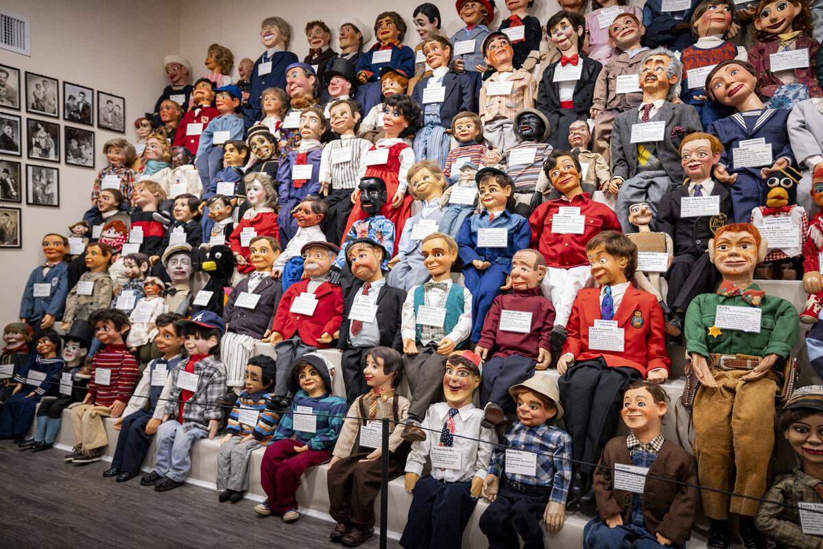 A wall of ventriloquial figures during a tour on Tuesday, Aug. 12, 2025, at Vent Haven Museum in Fort Mitchell, Ky. 
