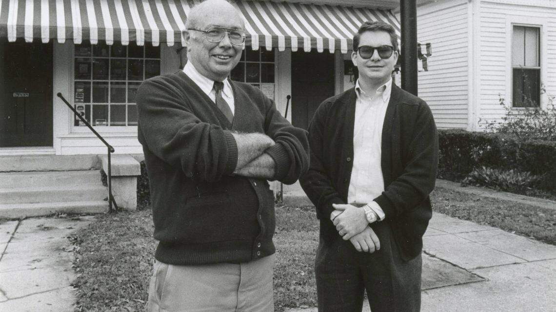 John Booe, left, president of Rebecca Ruth Candy and his son Charles Booe, pose outside the Frankfort store October 21, 1988. Photo by Frank Anderson | Staff