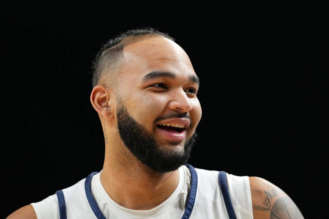 Apr 4, 2025; San Antonio, TX, USA; Auburn Tigers forward Johni Broome (4) during a practice session for the Final Four of the 2025 NCAA tournament at Alamodome. Mandatory Credit: Bob Donnan-Imagn Images