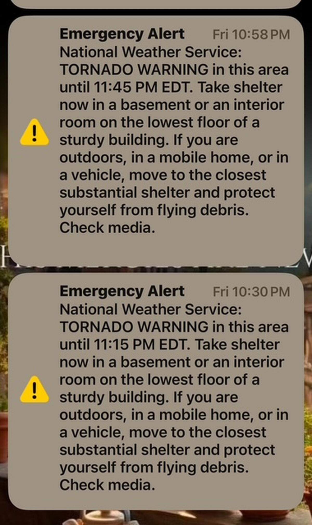 A screen shot of text alerts people Pulaski County received Friday night prior to tornadoes hitting Pulaski and other counties.