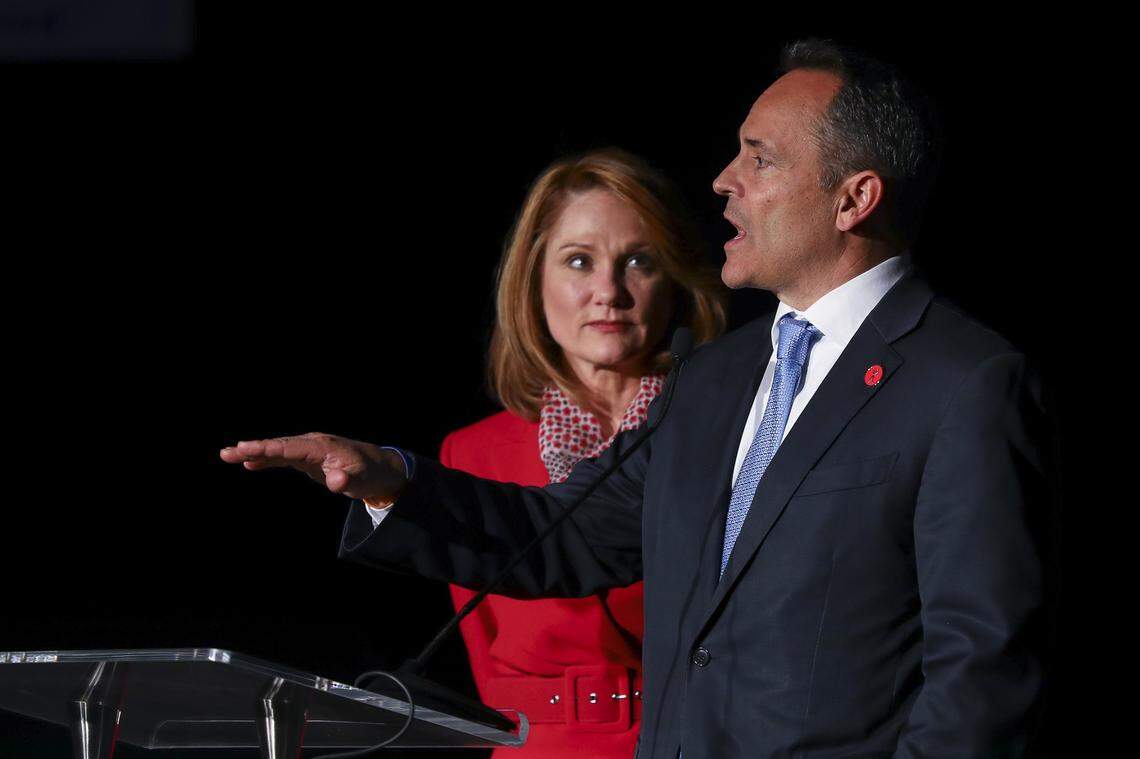Kentucky Gov. Matt Bevin, with his wife, Glenna, speaks to supporters at the Republican election night party in Louisville, Ky., Tuesday, Nov., 2019. Bevin did not concede the race to Andy Beshear.