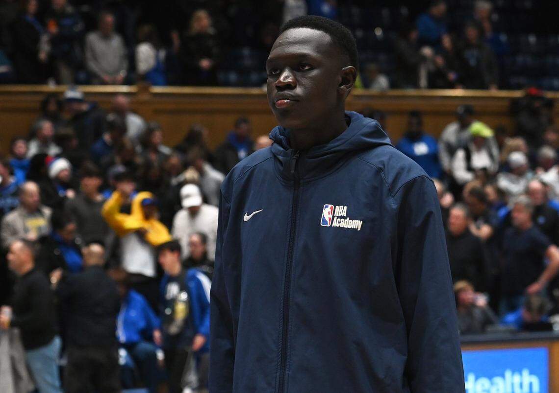 Basketball recruit Khaman Maluach leaves the court after watching Duke play against Pittsburgh at Cameron Indoor Stadium in Durham, North Carolina, on Jan. 20.