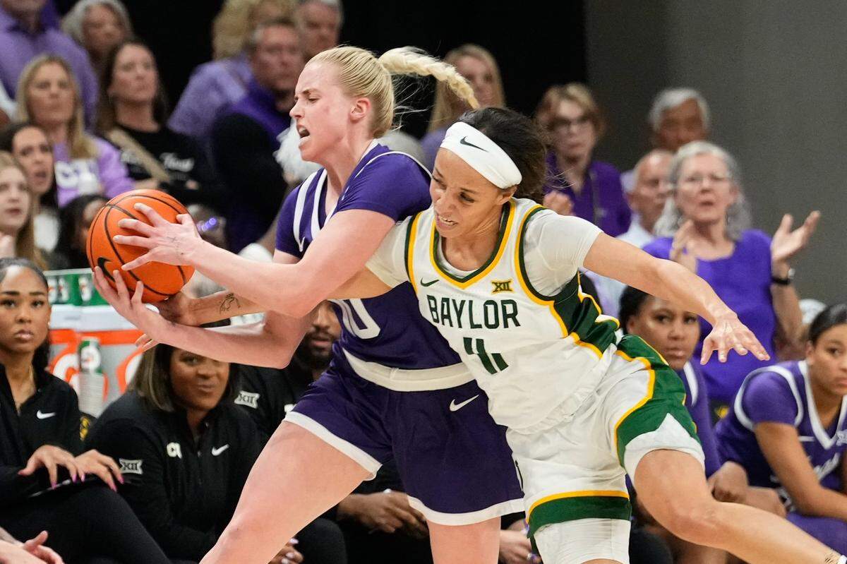 Mar 2, 2025; Waco, Texas, USA;  TCU Horned Frogs guard Hailey Van Lith (10) is fouled by Baylor Lady Bears guard Jada Walker (11) during the second half at Paul and Alejandra Foster Pavilion. Mandatory Credit: Chris Jones-Imagn Images