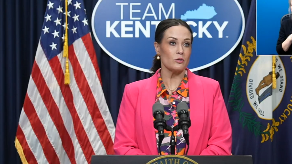 Lt. Gov. Jacqueline Coleman speaks at a recent Team Kentucky press conference.