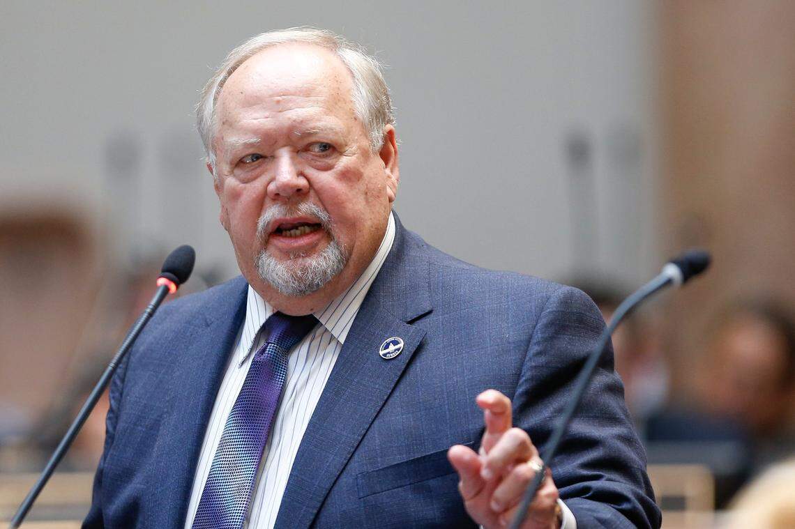 Rep. Jim Gooch Jr., R-Providence, speaks on the House floor during the General Assembly at the Kentucky State Capitol in Frankfort, Ky., on Thursday, February 15, 2018.