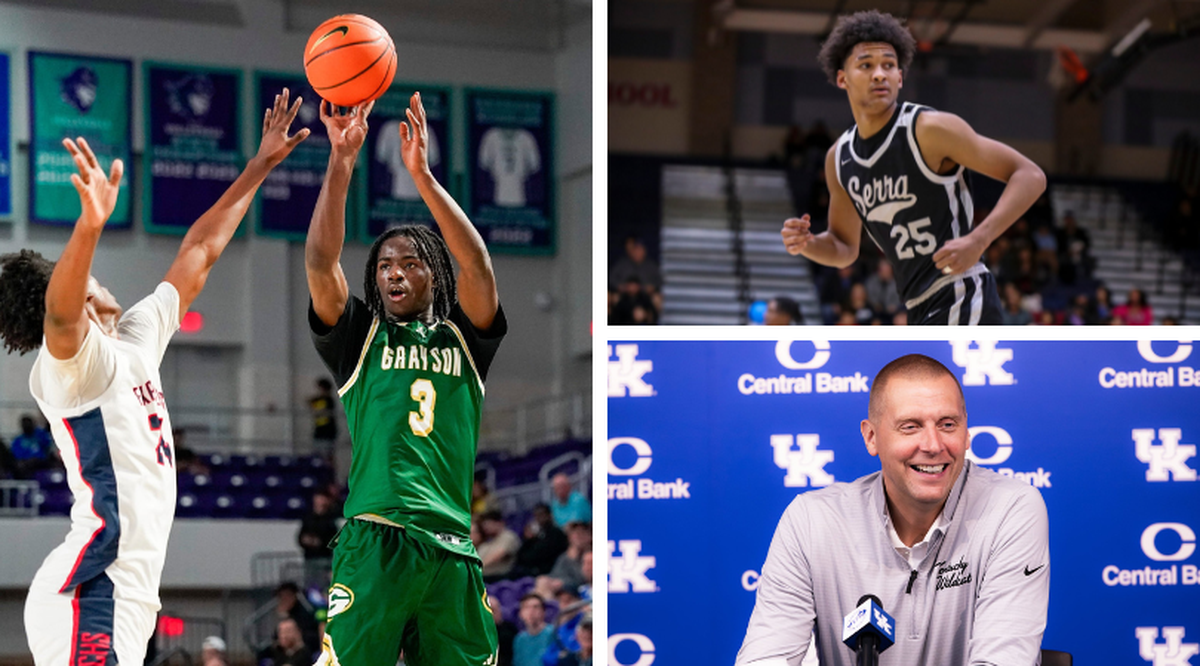 Caleb Holt, left, and Maximo Adams, top right, are two class of 2026 college basketball recruits who are visiting Mark Pope, bottom right, and the Kentucky Wildcats this weekend.