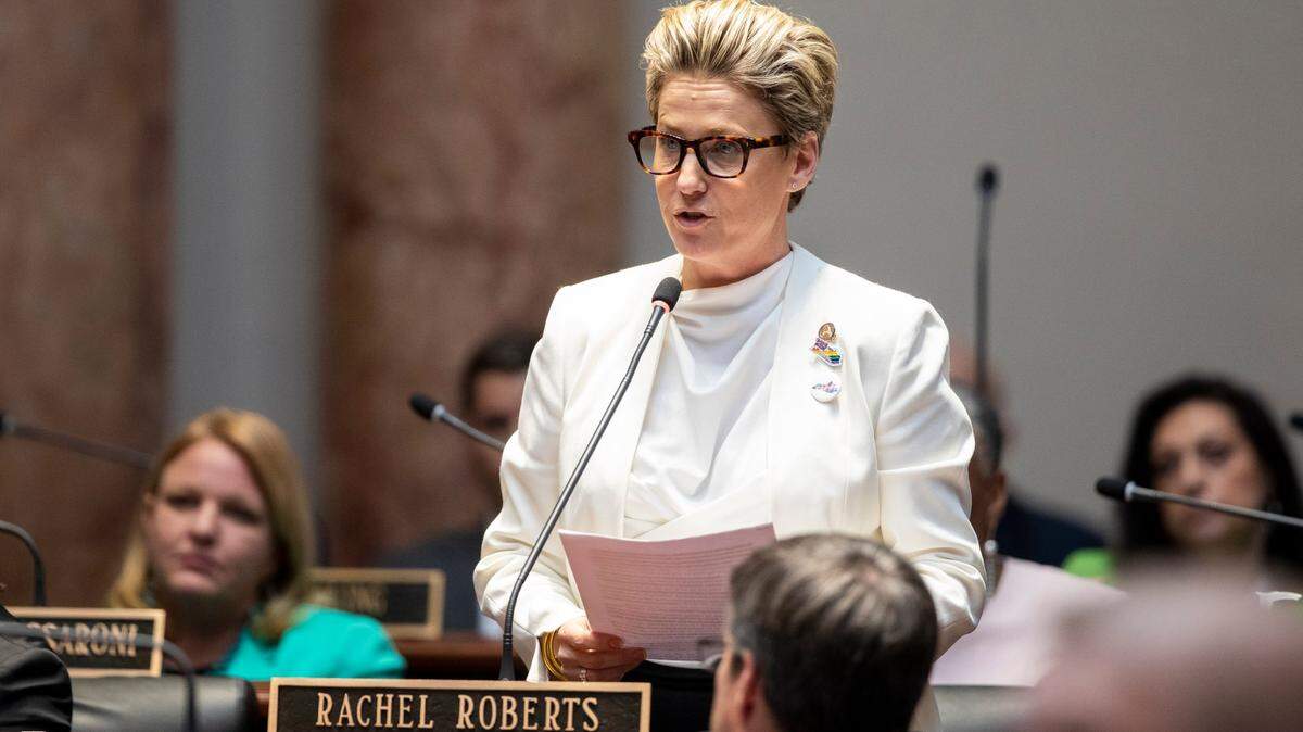 Democratic Minority Whip Rep. Rachel Roberts speaks against HB 470 at the Capitol in Frankfort, Ky., Thursday, March 2, 2022.