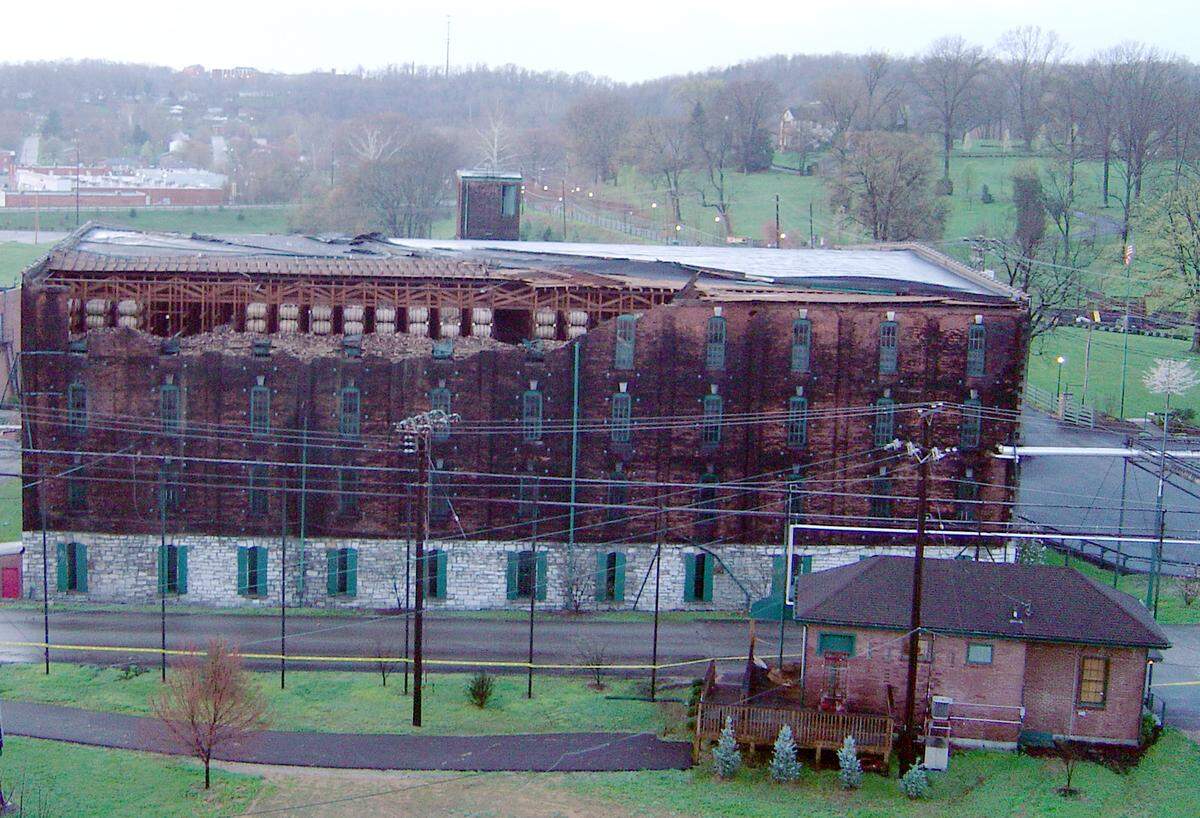 Warehouse C at Buffalo Trace was damaged by tornado-strength winds on April 2, 2006. The barrels, visible on top, were exposed to sun, wind, rain, and open air for much of the summer. Bourbon bottled from those barrels drew rave reviews.