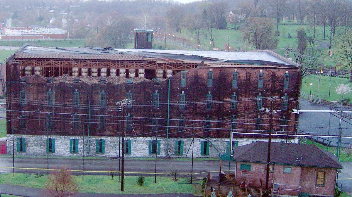 Warehouse C at Buffalo Trace was damaged by tornado-strength winds on April 2, 2006. The barrels, visible on top, were exposed to sun, wind, rain, and open air for much of the summer. Bourbon bottled from those barrels drew rave reviews.