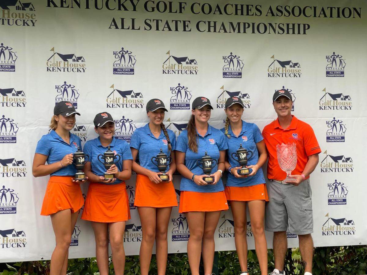 The Marshall County girls’ golf team won the 2021 KGCA All State Championship on Sunday at the University Club of Kentucky. From left are Katie Roberts, CeCelia Ray, Megan Hertter, Savannah Howell, Trinity Beth and Coach Aaron Beth.