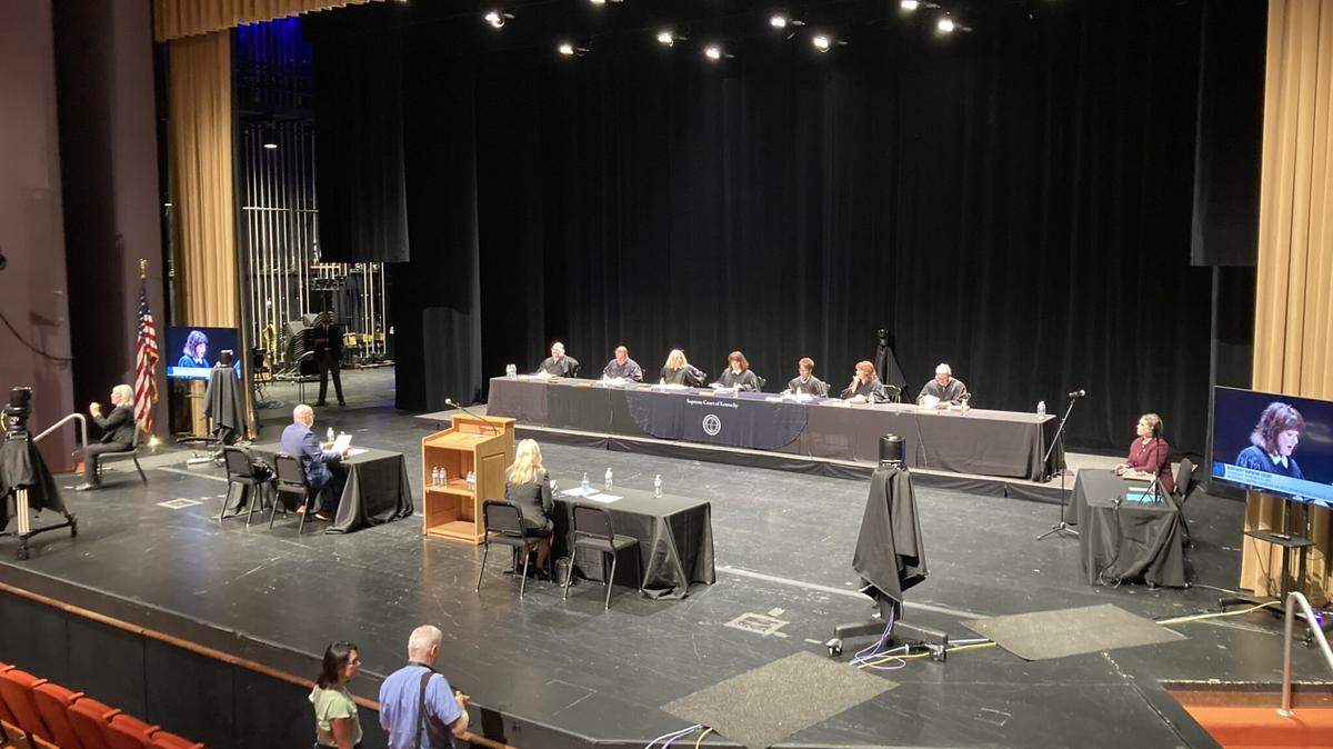 The Kentucky Supreme prepares to hear oral arguments in Danville on stage in Newlin Hall at Centre College’s Norton Center for the Arts, Sept. 10, 2025.