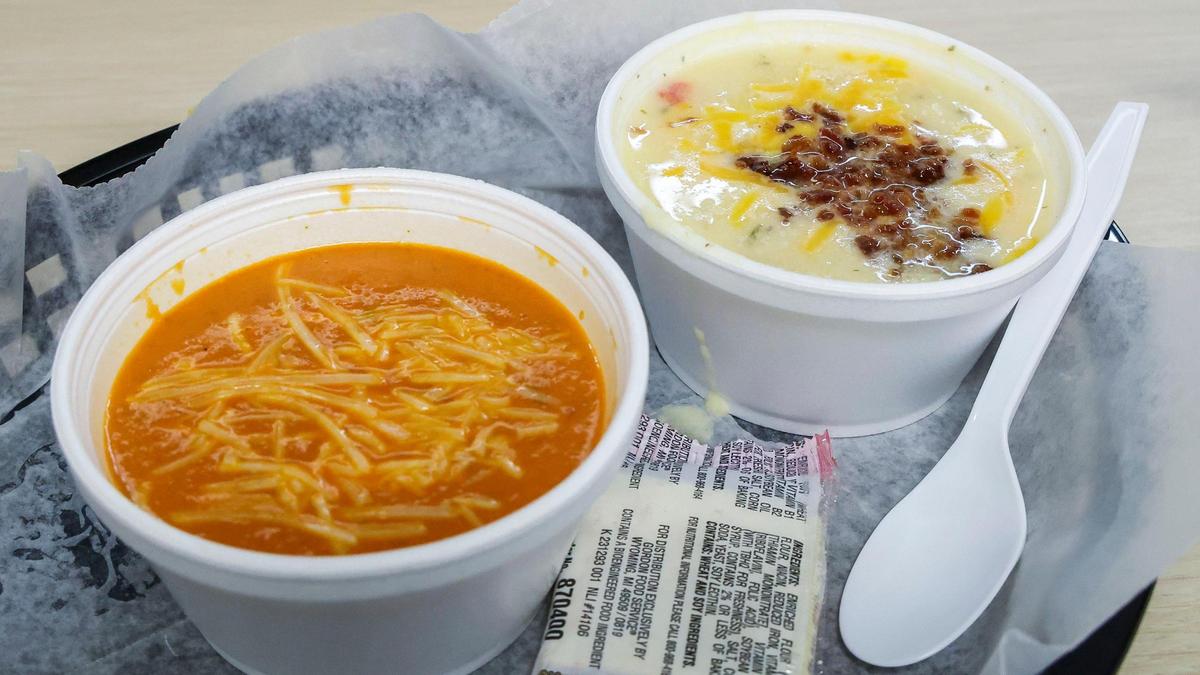 Dad’s Favorites Deli is also known for its homemade soups. At left is tomato basil, which is available daily and at right is loaded potato, available Thursdays.
