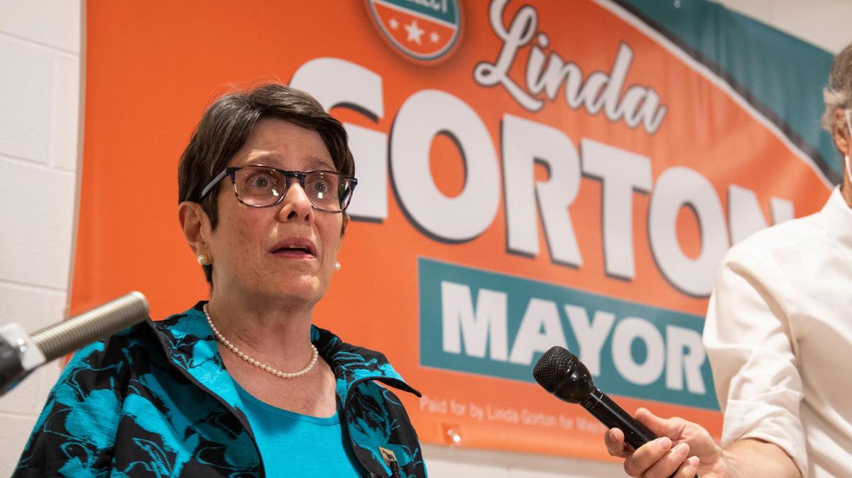 Lexington Mayor Linda Gorton announces that she will be seeking re-election next year at the Lyric Theatre in Lexington, Ky., Tuesday, August 17, 2021.