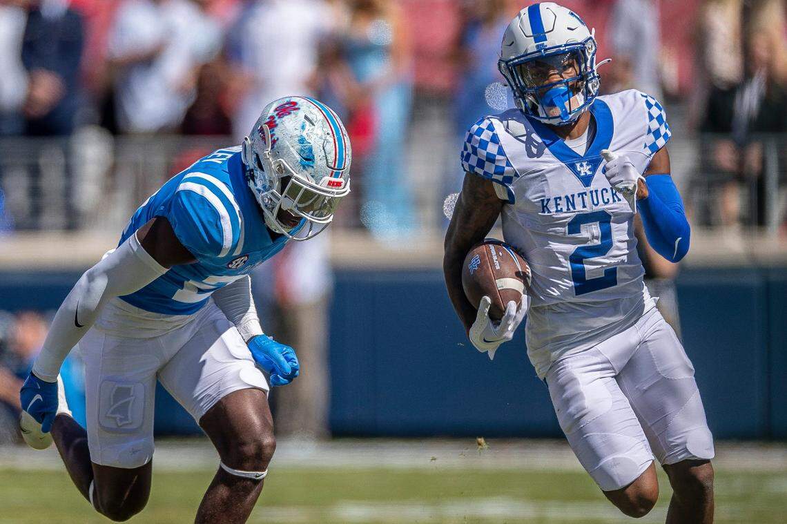 Then a freshman, Kentucky wide receiver Barion Brown (2) caught two passes for 81 yards and returned three kickoffs for 164 yards in UK’s 22-19 loss at Mississippi in 2022.