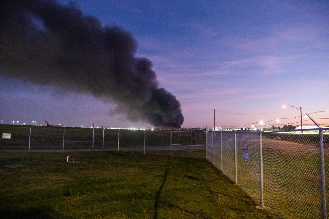 Smoke from the Nov. 4, 2025, UPS plane crash in Louisville, Ky., as seen near UPS.
