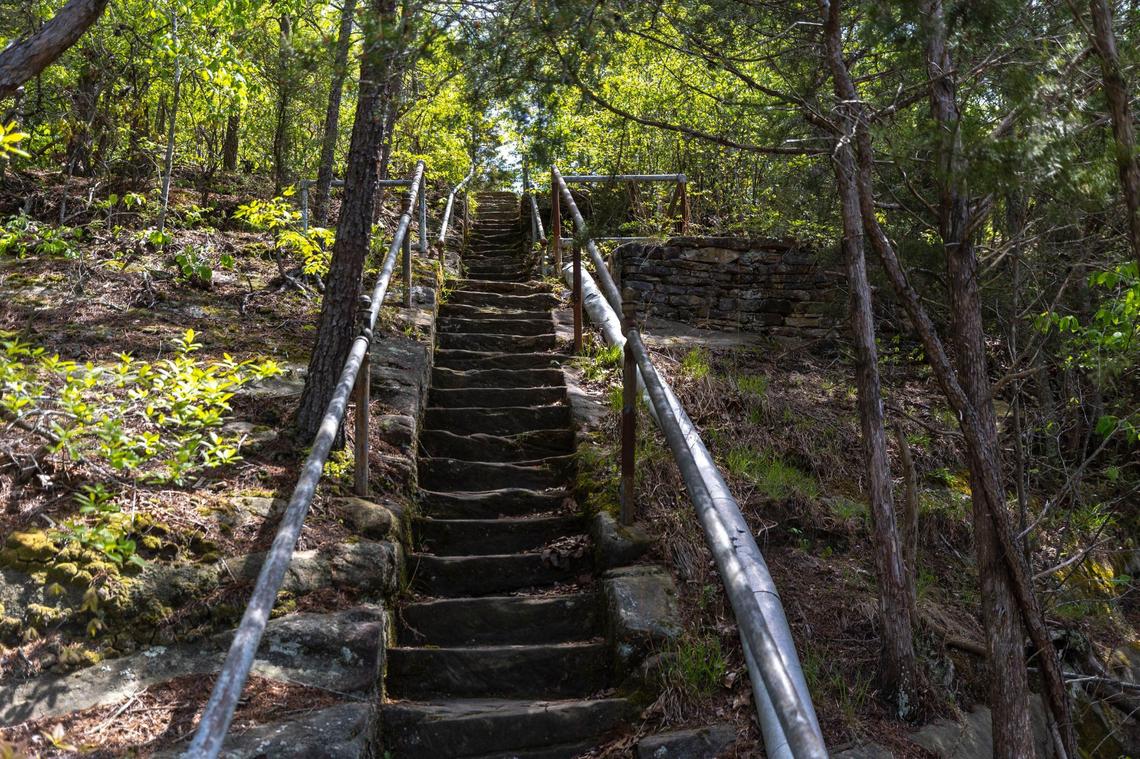 Stairs lead from the dam to the lodge at Pennyrile Forest State Resort Park.