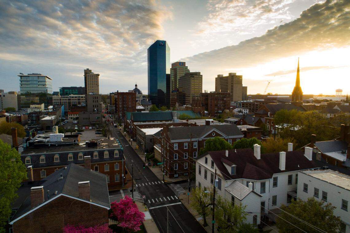 The downtown Lexington skyline at sunset on Wednesday, April 14, 2021.