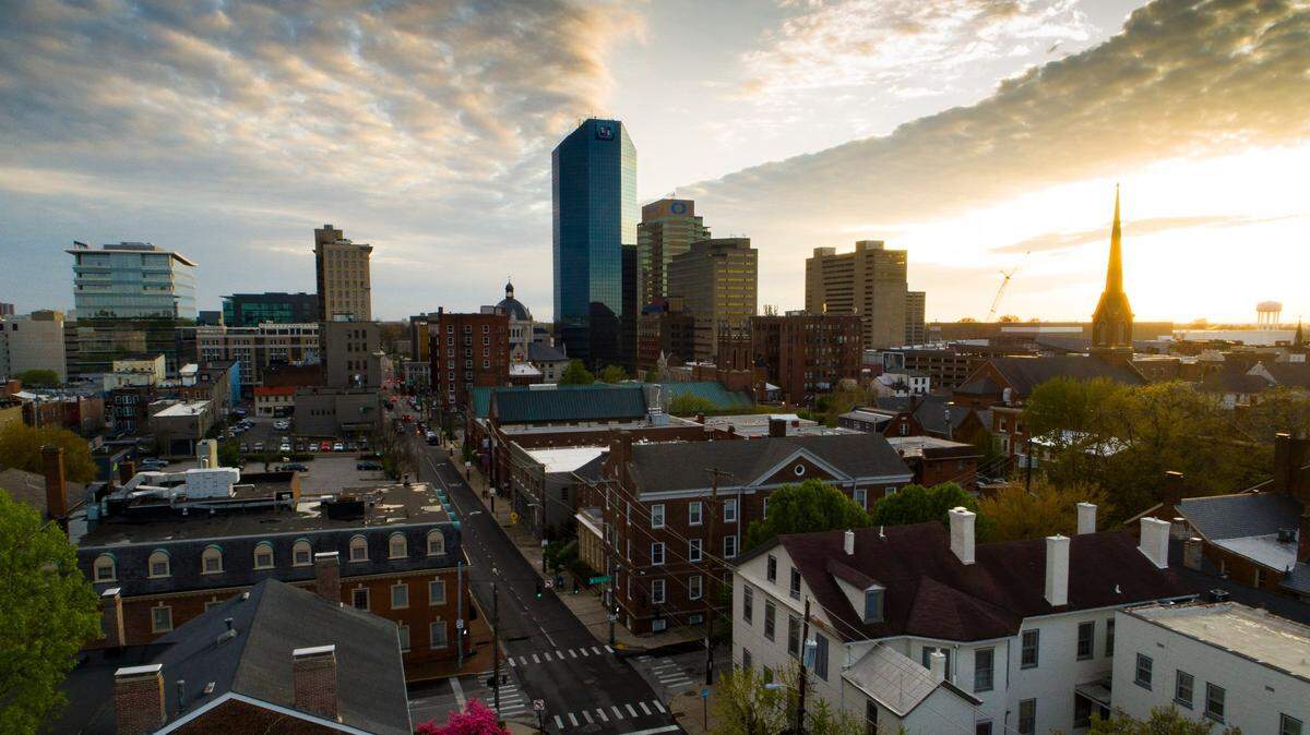 The downtown Lexington skyline at sunset on Wednesday, April 14, 2021.