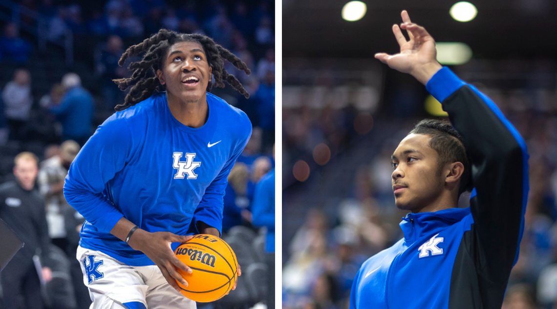 Kentucky basketball players Jayden Quaintance, left, and Jaland Lowe, right, have both battled injuries during the 2025-26 season. Quaintance has missed time while recovering from a torn ACL suffered last season, while Lowe’s right shoulder injury will cause him to miss the remainder of this season.