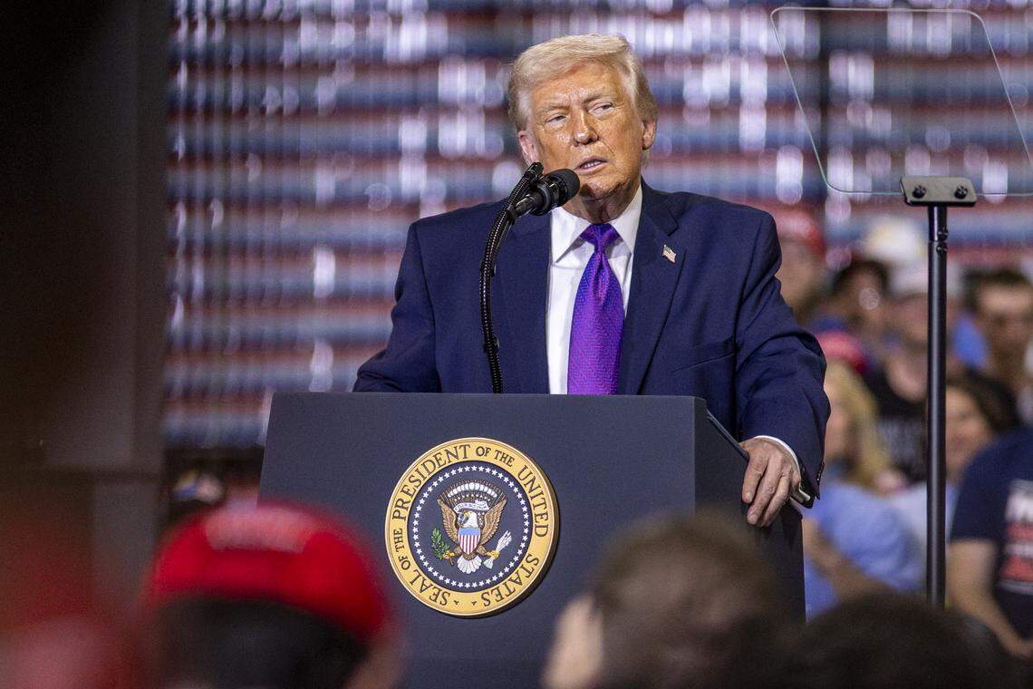 President Donald Trump speaks during his visit to Verst Logistics in Hebron, Kentucky, on Wednesday, March 11, 2026.