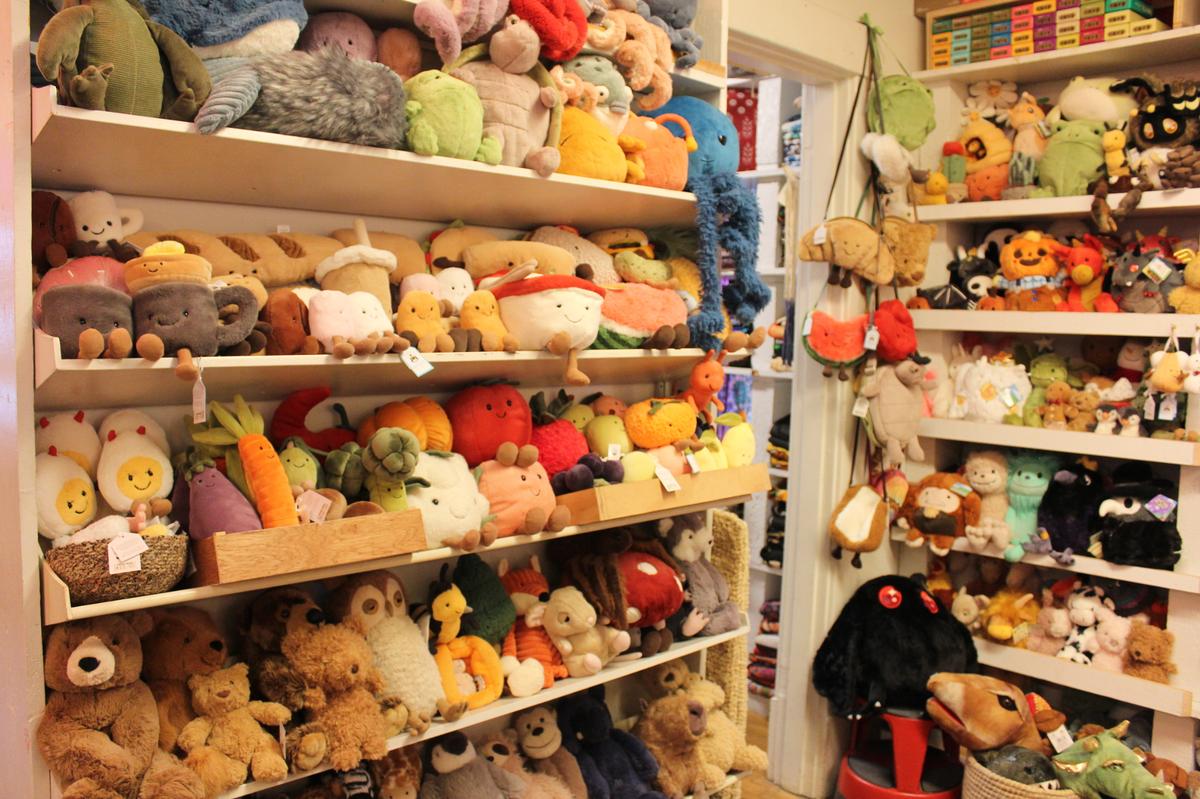 Stuffed animals sit on a shelf at Sqecial Media, a gift shop in Lexington, Kentucky, on Monday, Nov. 18, 2024.
